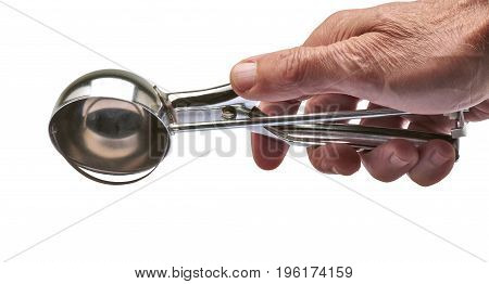 Male Hand Holding A Used Metal Ice Cream Scooper