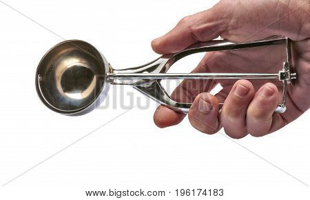 Male Hand Holding A Used Metal Ice Cream Scooper