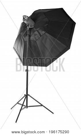 Equipment for photo studios and fashion photography. Octobox, isolated on a white background. Photographic lighting. Studio flash with soft-box on white background.
