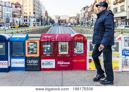 Washington Dc, Usa - February 5, 2017: Newspaper Kiosks Vending Machines On Dupont Circle With Perso