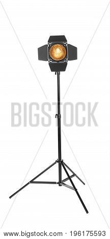Black studio lighting on a tripod stand, isolated on the white background. Photo-studio with lighting equipment. The photo of the honeycomb is glowing.