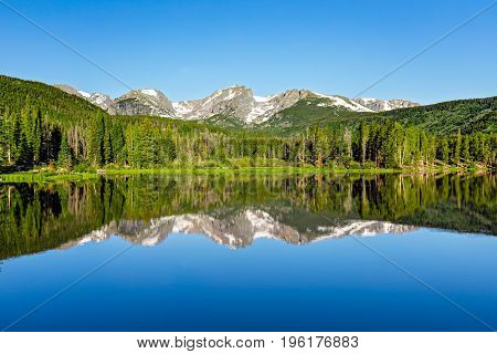 Mountain reflection on Sprague Lake in Rocky Mountain National Park.