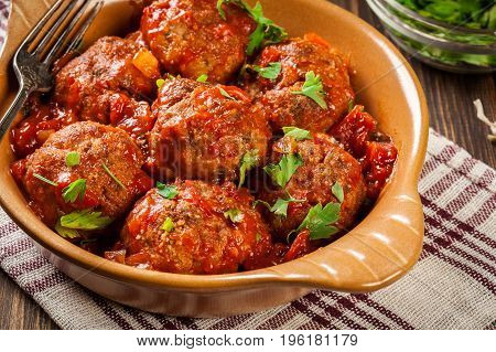 Pork Meatballs With Spicy Tomato Sauce In Dish