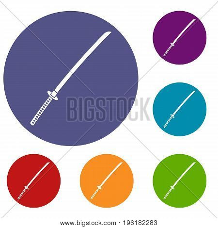 Japanese katana icons set in flat circle red, blue and green color for web