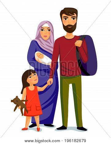 Happy muslim family- parents, their daughter and baby son on holidays. Vector illustration isolated on white background