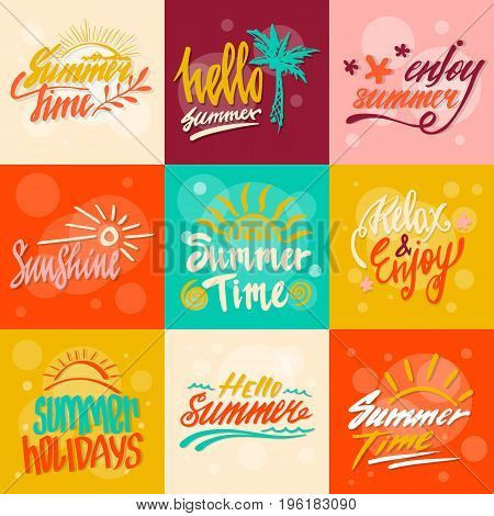 Modern calligraphic poster design with flat palm trees on bright colorful watercolor splash background. Vivid, cheerful, optimistic summer flyer, poster or fabric print in vector