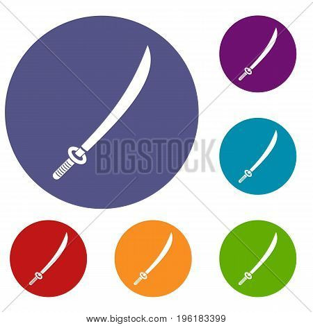 Katana icons set in flat circle red, blue and green color for web