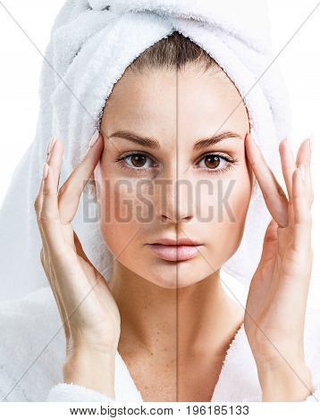Woman face with bath towel on head before and after retouch.