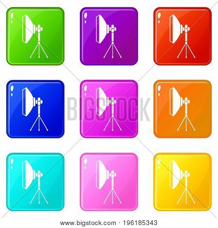 Studio lighting equipment icons of 9 color set isolated vector illustration