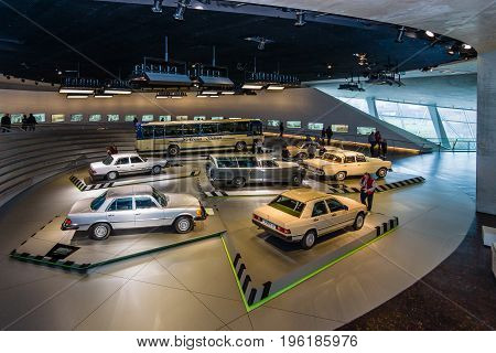 STUTTGART GERMANY- MARCH 19 2016: The Exhibition hall with the cars of the 60s and of 70th years of the 20th century. Mercedes-Benz Museum.