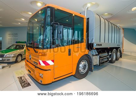 STUTTGART GERMANY- MARCH 19 2016: The refuse collection truck Mercedes-Benz Econic 2628 NGT 2005. Mercedes-Benz Museum.