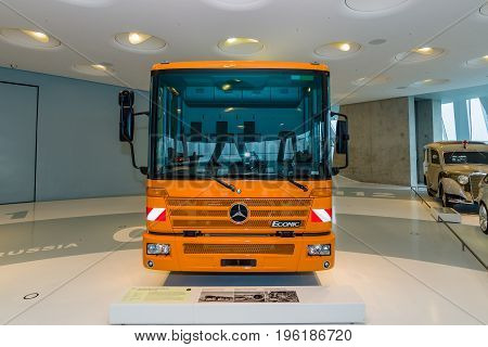 STUTTGART GERMANY- MARCH 19 2016: The refuse collection truck Mercedes-Benz Econic 2628 NGT 2005. Mercedes-Benz Museum.