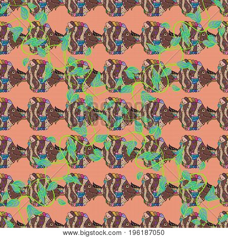 Reaver Fishes On Colored Background. Hand Drawn Fish. Sea Collection Seamless Pattern. Vector Illust