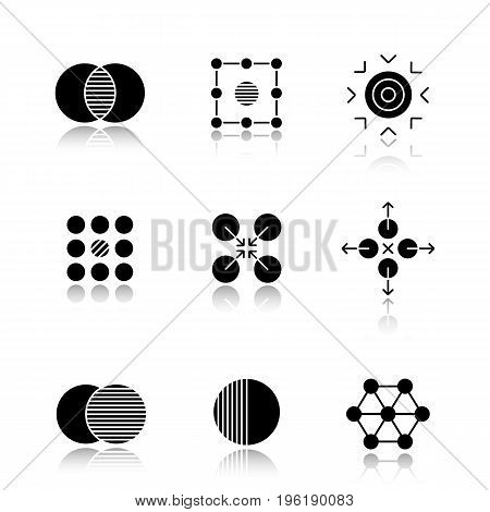 Abstract symbols drop shadow black glyph icons set. Merging, isolation, goal, contradictory, cooperative, directions, overlapping, half, connections concepts. Isolated vector illustrations