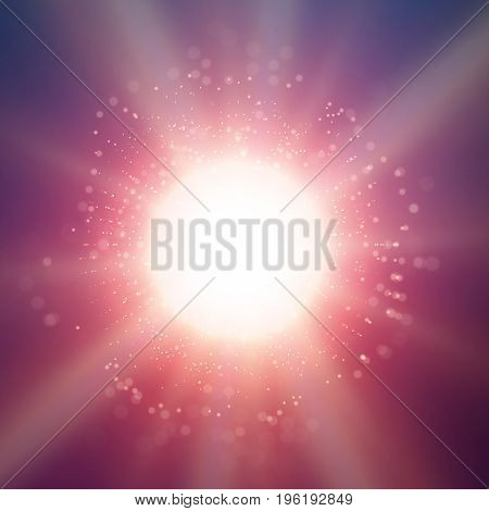 Abstract vector sun glow violet background. Points chaotically flying in space with bokeh. Flying debris with dof. Futuristic technology style. Elegant background for business presentations
