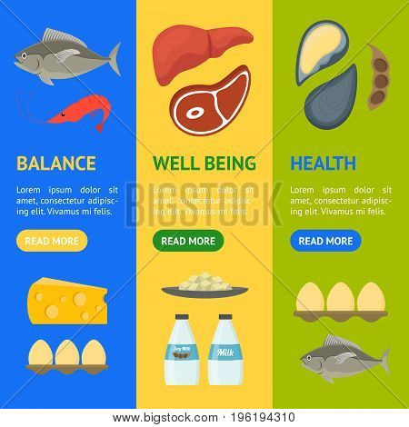 Cartoon Food with Vitamin B12 Banner Vecrtical Set Concept Healthy Nutrition or Diet Flat Design Style. Vector illustration
