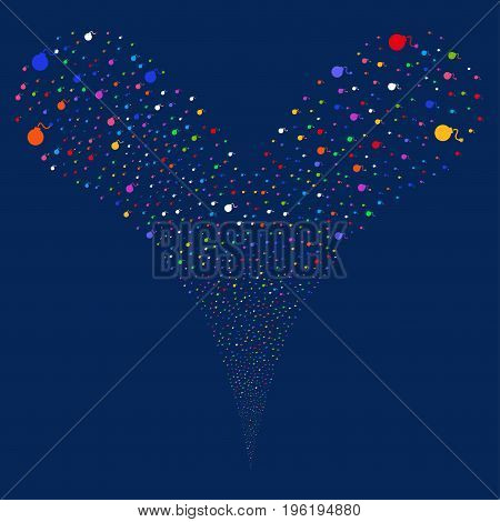 Bomb source stream. Vector illustration style is flat bright multicolored iconic bomb symbols on a blue background. Object fountain combined from random design elements.
