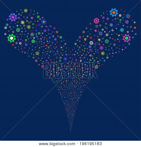Cogwheel explosive stream. Vector illustration style is flat bright multicolored iconic cogwheel symbols on a blue background. Object fountain organized from random icons.