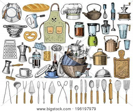 Apron or pinaphora and Hood, rolling pin and saucepan or corolla, wooden board. Chef and dirty kitchen utensils, cooking stuff for menu decoration. engraved hand drawn in old sketch and vintage style