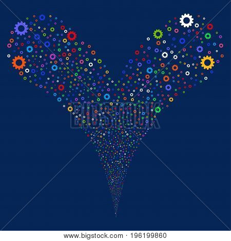 Gear explosive stream. Vector illustration style is flat bright multicolored iconic gear symbols on a blue background. Object fountain made from random pictographs.