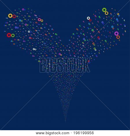 Gears explosive stream. Vector illustration style is flat bright multicolored iconic gears symbols on a blue background. Object fountain organized from random icons.