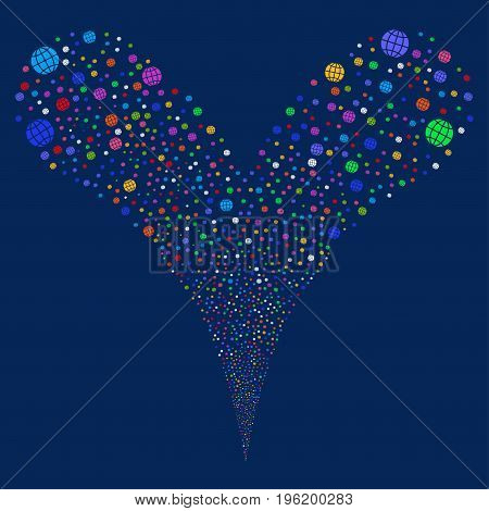 Globe explosive stream. Vector illustration style is flat bright multicolored iconic globe symbols on a blue background. Object fountain made from random design elements.