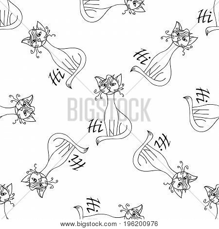 Comic cat says Hi pattern hand drawn. Object isolated on white.