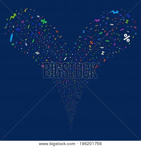 Math Symbols salute stream. Vector illustration style is flat bright multicolored iconic math symbols symbols on a blue background. Object fountain created from random symbols.