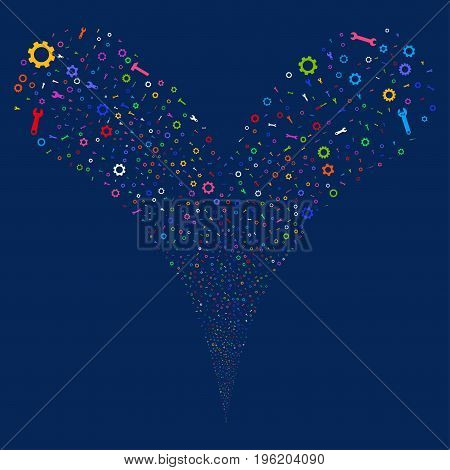 Setup Tools salute stream. Vector illustration style is flat bright multicolored iconic setup tools symbols on a blue background. Object fountain combined from random pictograms.