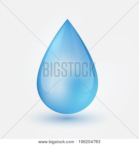 Blue shiny single water drop isolated on white background. Vector illustration