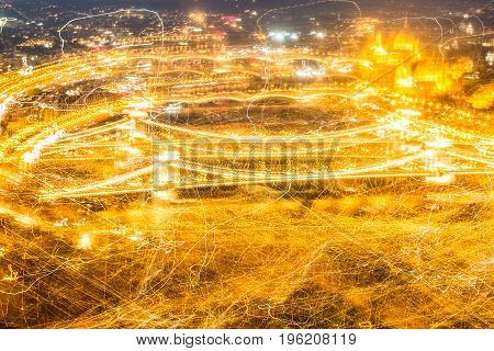 Abstract Budapest Panorama with parliament and bridges with many yellow light trails. Abstract image.