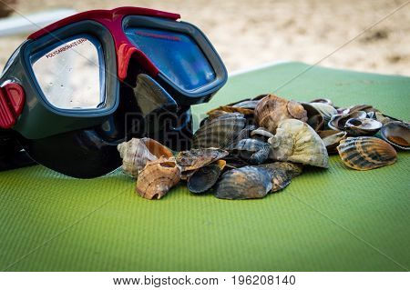 mask scuba dive with sea shells on the sea coast. blue green background.