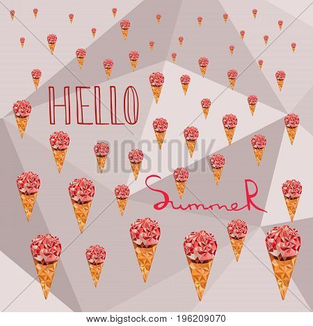 Low poly Ice cream in cone. Hello summer caption. Polygonal vector. Geometric triangular modern design.