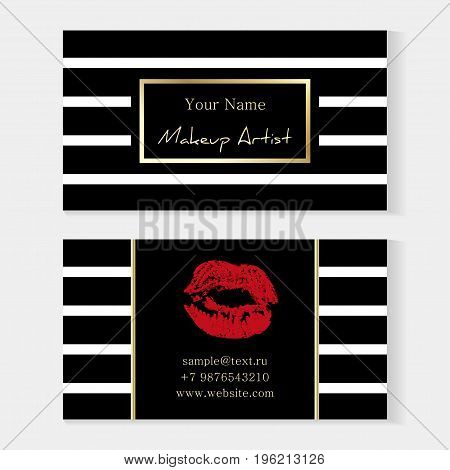 Makeup Artist Stylish Business Card. Artistic Templates With Trace Of A Red Lipstick, Kiss On A Stri