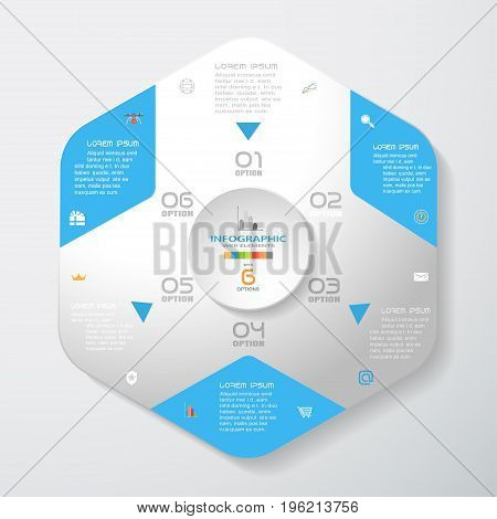Vector infographic of gradient gray convex hexagonal form with blue corners and concave circle cut from paper with shadows text and icons on the gradient gray background.
