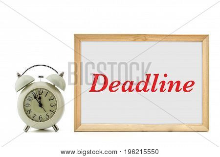 Deadline word written and clock isolated on white background.