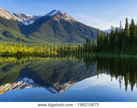 Rocky Mountains Reflecting on Still Vermilion Lake