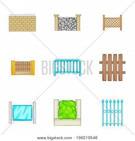 Many fence design elements icons set. Cartoon set of 9 many fence design elements vector icons for web isolated on white background