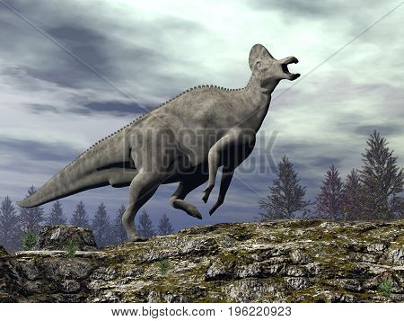Corythosaurus dinosaur walking upon a rocky hill by cloudy day - 3D render