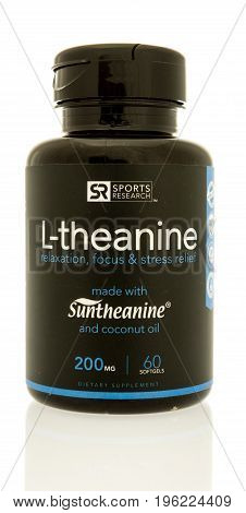 Winneconne WI - 20 July 2017: A bottle of L-theanine by Sports Research on an isolated background.