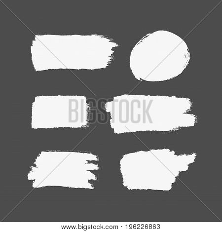 Texture of white brush strokes. Rectangular and round strokes. Set of isolated brushstrokes. Grunge sketch graffiti paint splash. Vector illustration.