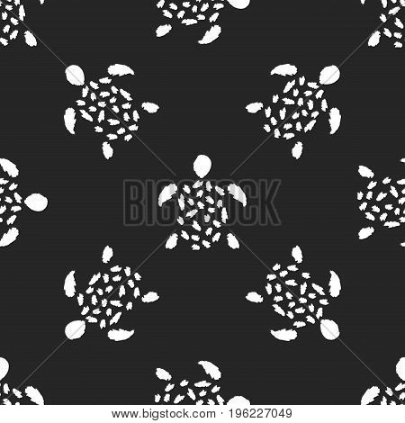 Sketch of abstract turtle. Drawn brush strokes. Seamless pattern. Grunge ink paint graffiti. White tortoises on a black background. Vector illustration.