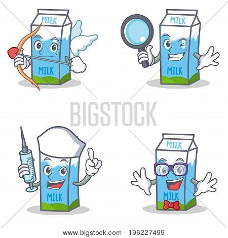 Set of milk box character with cupid detective nurse geek vector illustration