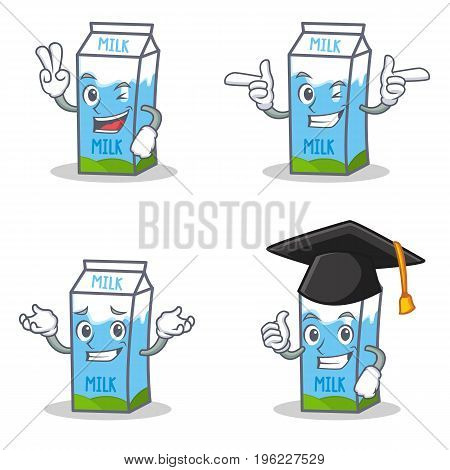 Set of milk box character with two finger wink graduation vector illustration