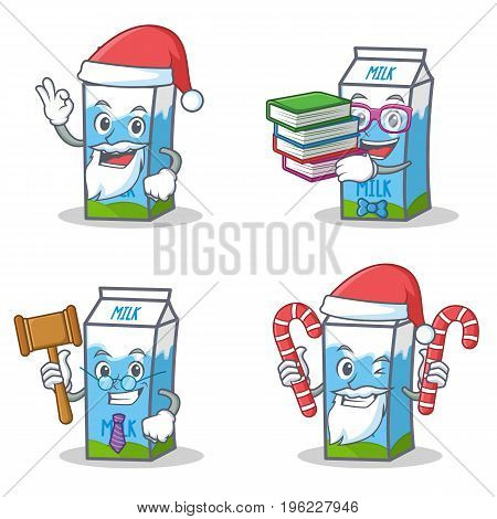 Set of milk box character with Santa candy book judge vector illustration