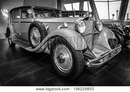STUTTGART GERMANY- MARCH 19 2016: The car of the former German Emperor Wilhelm II Mercedes-Benz 770 Grand Mercedes convertible F 1932. Black and white. Mercedes-Benz Museum.