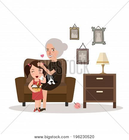 grandma with her grand daughter sitting in sofa talking while playing teddy bear in living room telling story vector