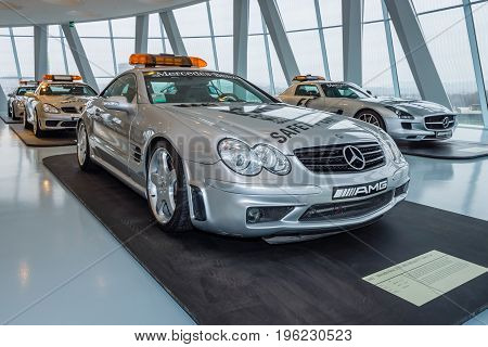 STUTTGART GERMANY- MARCH 19 2016: Official F1 Safety car Mercedes-Benz SL55 AMG 2002. Mercedes-Benz Museum.