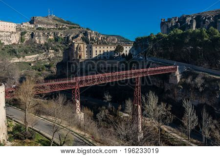 San Pablo Bridge And Parador De Cuenca. Saint Paul Monastery In The Outskirts Of Cuenca,  Spain