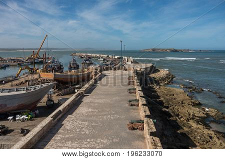 View To Fishing Boats In Essaouira Harbour And Cannons In Skala Du Port ( Northern Skala ), Morocco